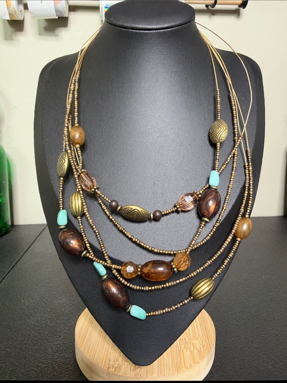 Multi-Strand Brown and Turquoise Bead Statement Necklace